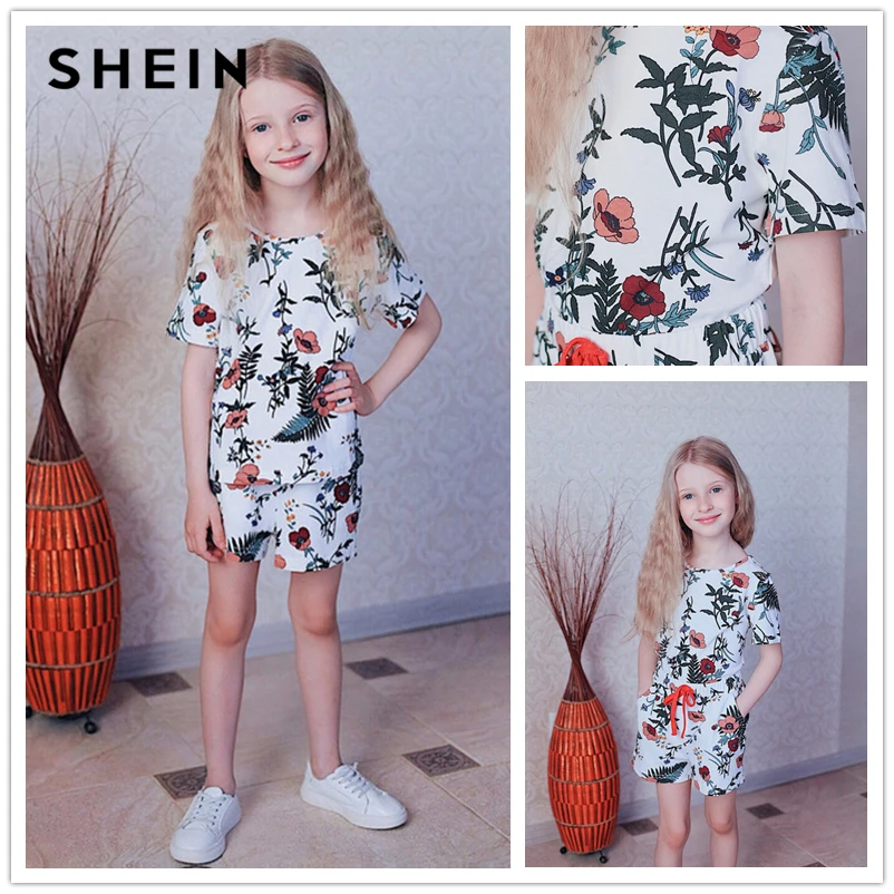 SHEIN/детский топ с растительным принтом и шорты на завязках; Комплект для девочек; Одежда для девочек-подростков; коллекция года; летний Повседневный Детский костюм с короткими рукавами