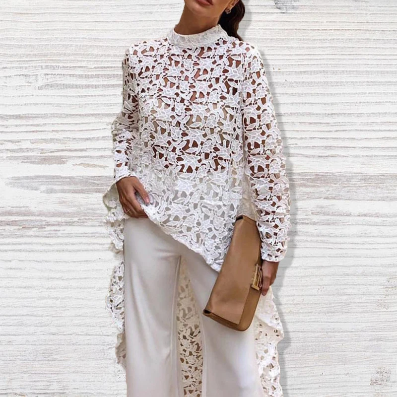 2019 Autumn Women Fashion Elegant Casual Patchwork flounced Dip Hem Top Crochet Irregular Hollow Out See Through Blouse |