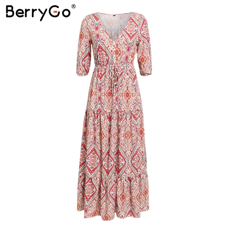 BerryGo Boho платье с цветочным принтом Длинные платья для женщин Лето плюс размер v