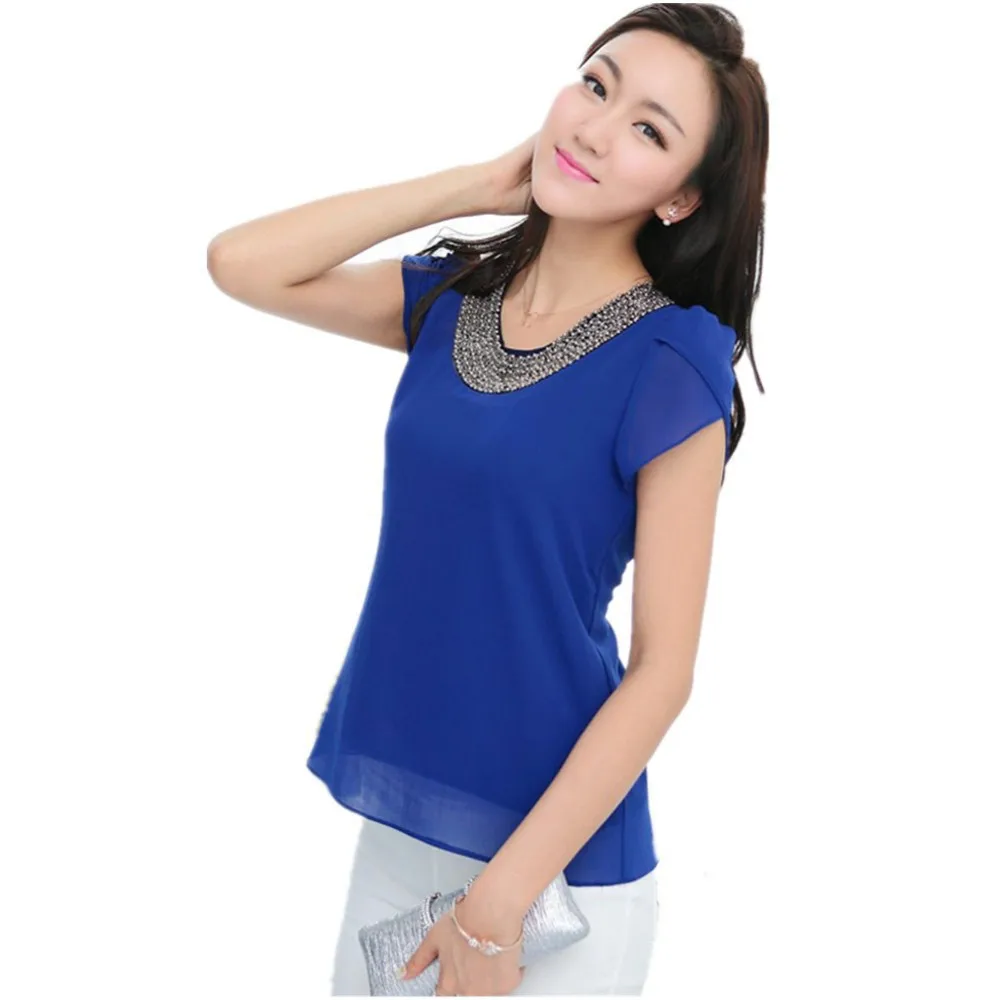 Женская шифоновая блузка с бусинами Повседневная Блузка рукавами-лепестками и