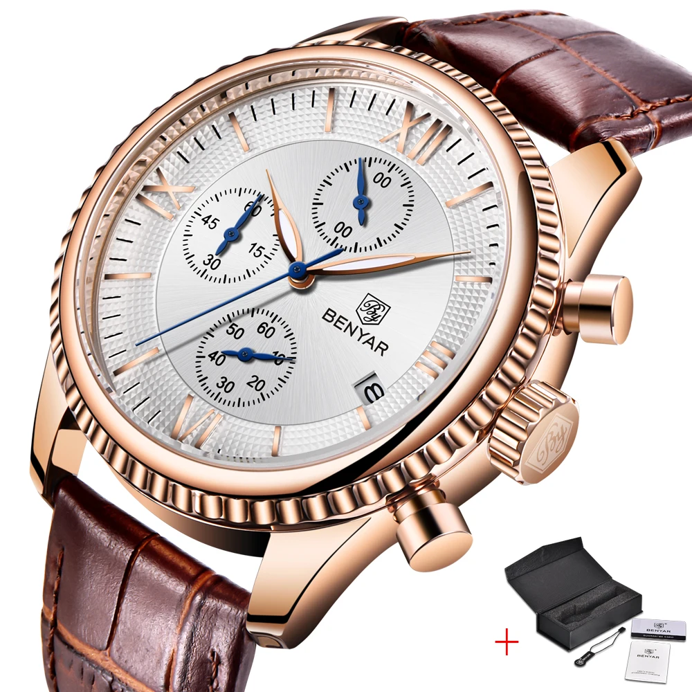 

Top Luxury BENYAR Men's Watches Sports Leather Gold Watch Military Waterproof Chronograph Calendar Clock Table Relogio Masculino