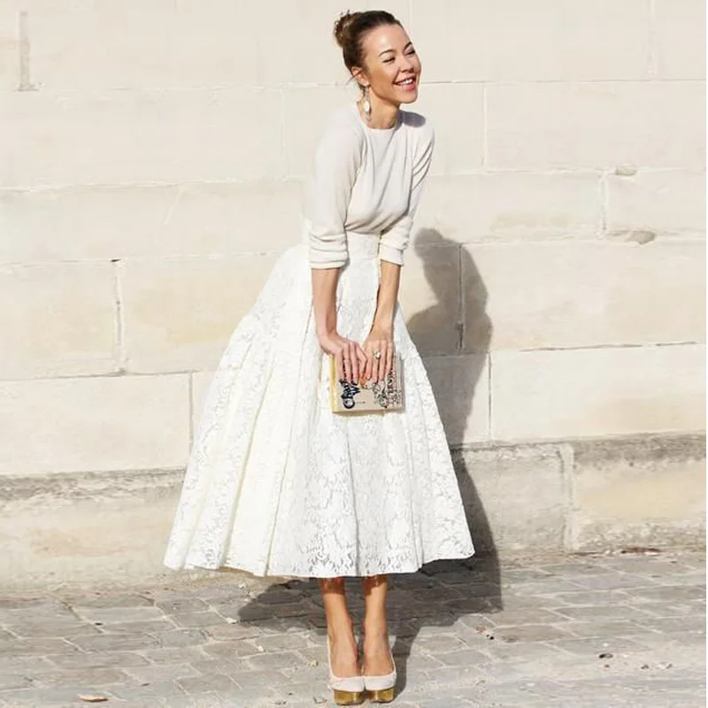 Элегантная кружевная юбка цвета слоновой кости до середины икры винтажная