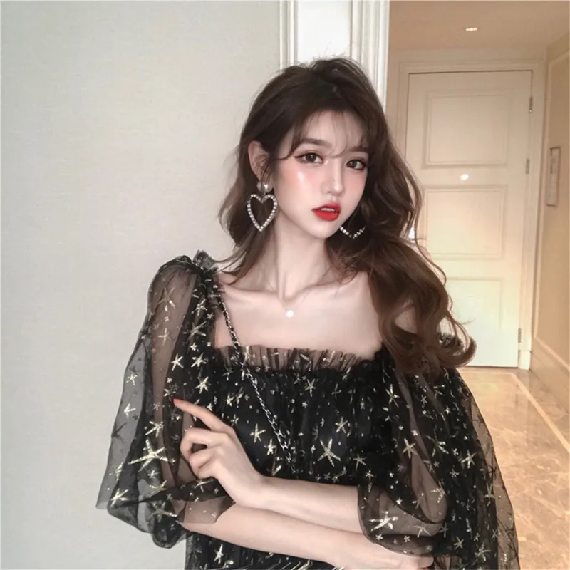 MSSNNG 2019 Summer New Korean Sexy Word Collar Strapless Stars Loose Mesh Dress Fairy Formal Women Elegant | Женская одежда