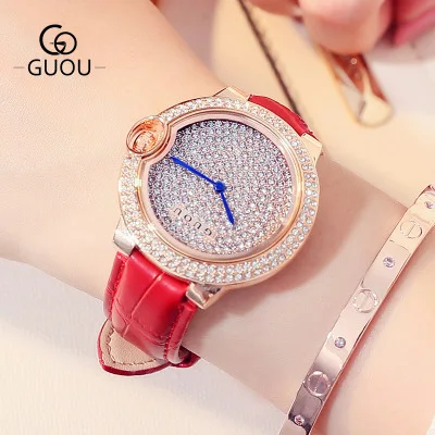 GUOU платье часы люксовый бренд женские Полный горный хрусталь кожа повседневные