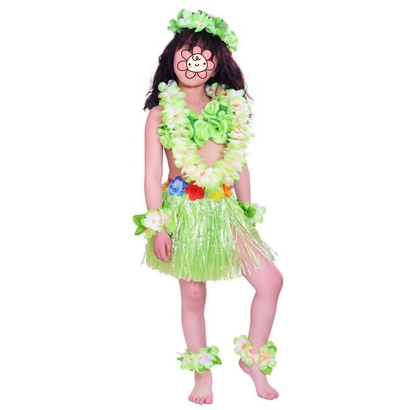 8pcs set green Hawaii Flower Lei, повязка на голову, ожерелье с гирляндой хула, повязка на ногу, юбка с травой, бюстгальтер, детский летний праздничный костюм для девочек - Цвет: 8pcs set green