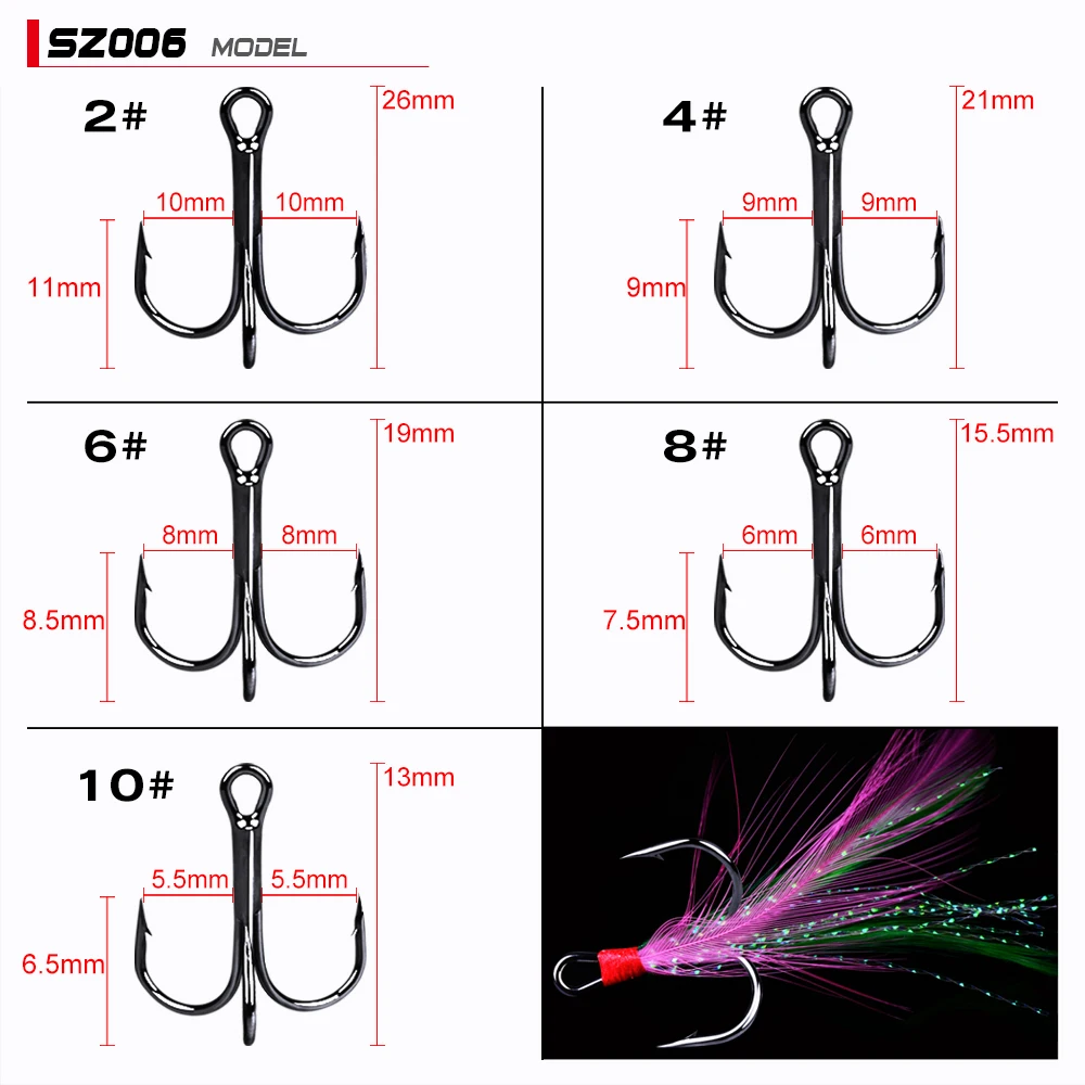 20-Pack Fishing Hooks with Feathers, Sizes 2#-10#, Black/Red, 6 Colors, High Carbon Steel Fishing Tackle image 3