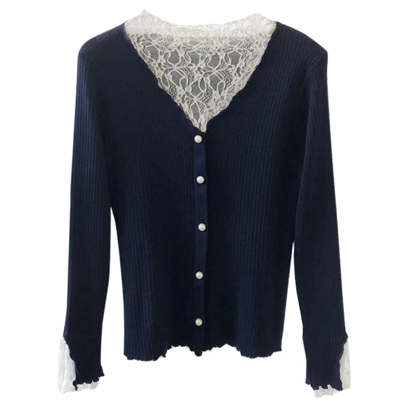 ALPHALMODA Sexy Lace Patchwork Sweater Single Breasted Slim Women Sweet Jumper V-neck Graceful Fall Winter Knitted Top | Женская одежда