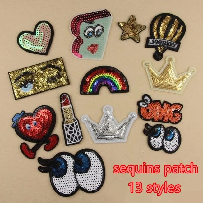 Free shipping 13 pcs heart crown eyes rainbow sequins embroidered Iron On Patches hat garment Appliques DIY accessory | Дом и сад