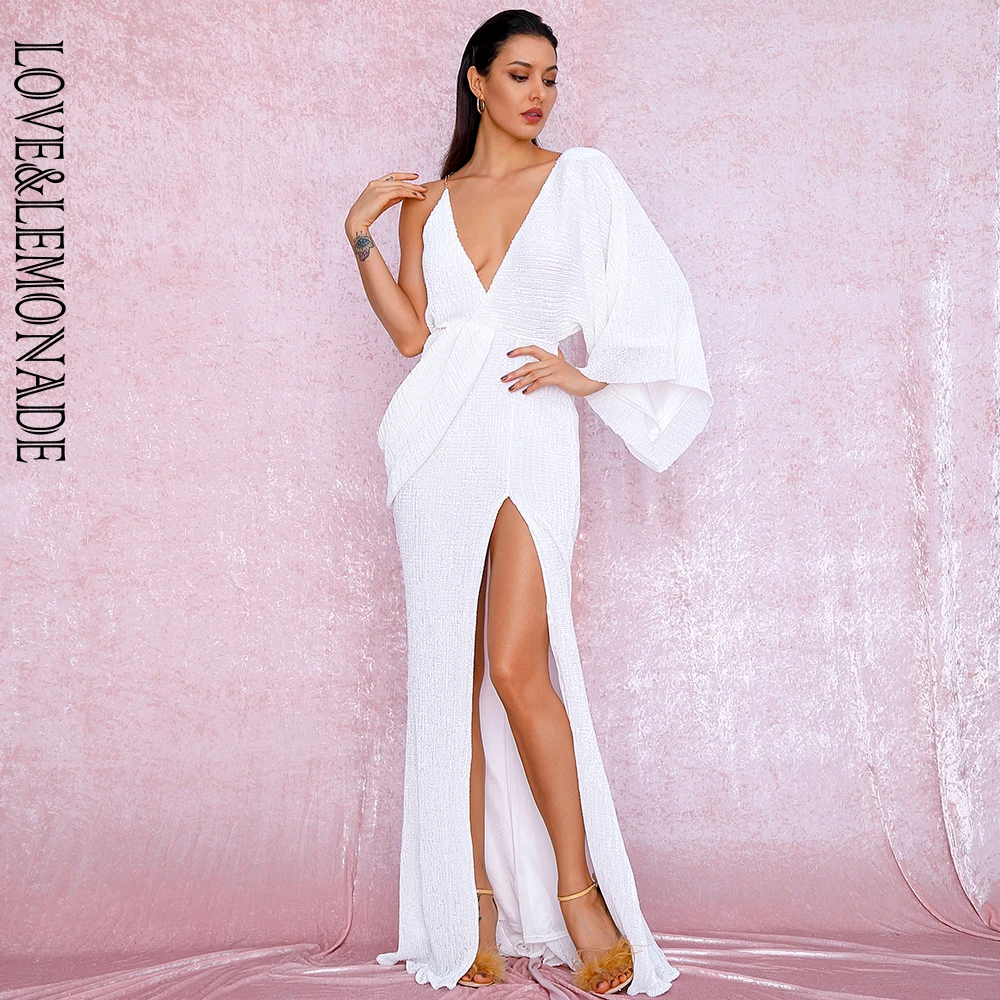 LOVE&LEMONADE Пикантные белые с v-образным вырезом горловины и рукавом блестками Разделение вечерние Макси платье LM81848