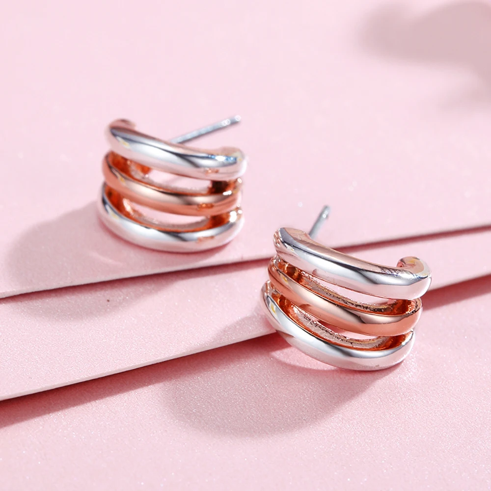 Viennois Korean Silver Color Stud Earrings for Women Triple Layers Semicircle Small Trendy Jewelry Wedding Party Gifts | Украшения и
