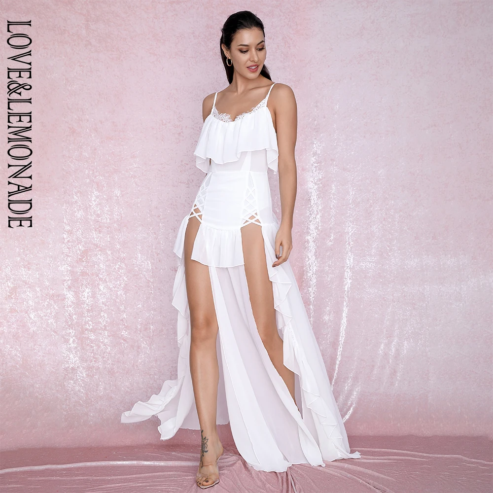 Женское пляжное платье Love&ampLemonade длинное белое кружевное шифоновое с разрезом