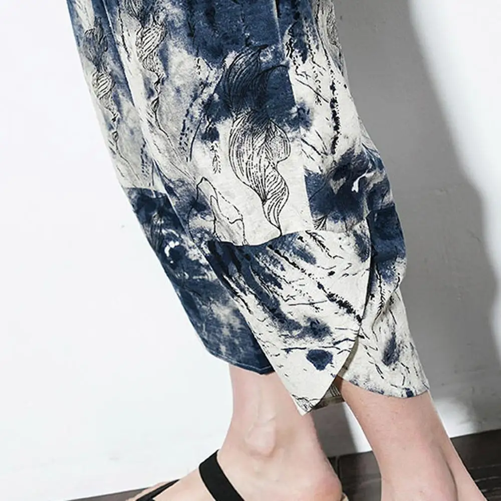 

Summer Men Pants Casual Harem Pants Jogger Fitness Cropped Trousers Linen Loose Chinese Style Prints Soft Fashion Male Clothes