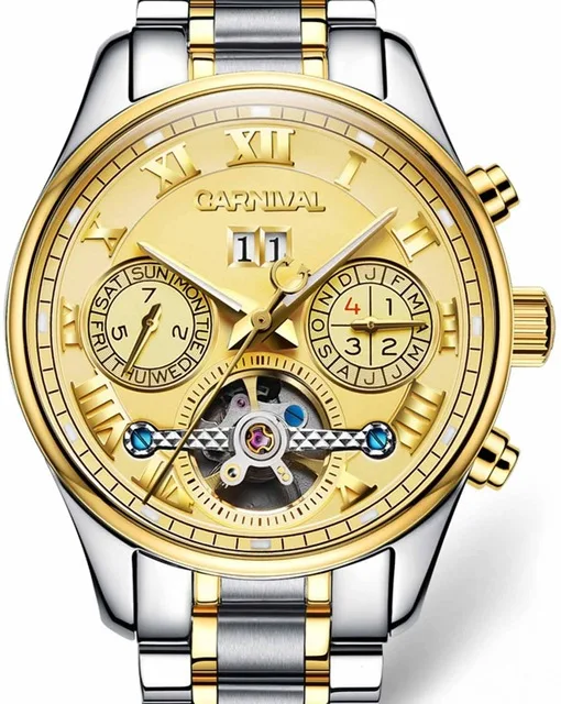 Carnival Tourbillon автоматические часы для мужчин Роскошные Золотые механические часы сапфировое стекло 30 м водонепроницаемые мужские часы reloj hombre - Цвет: steel gold