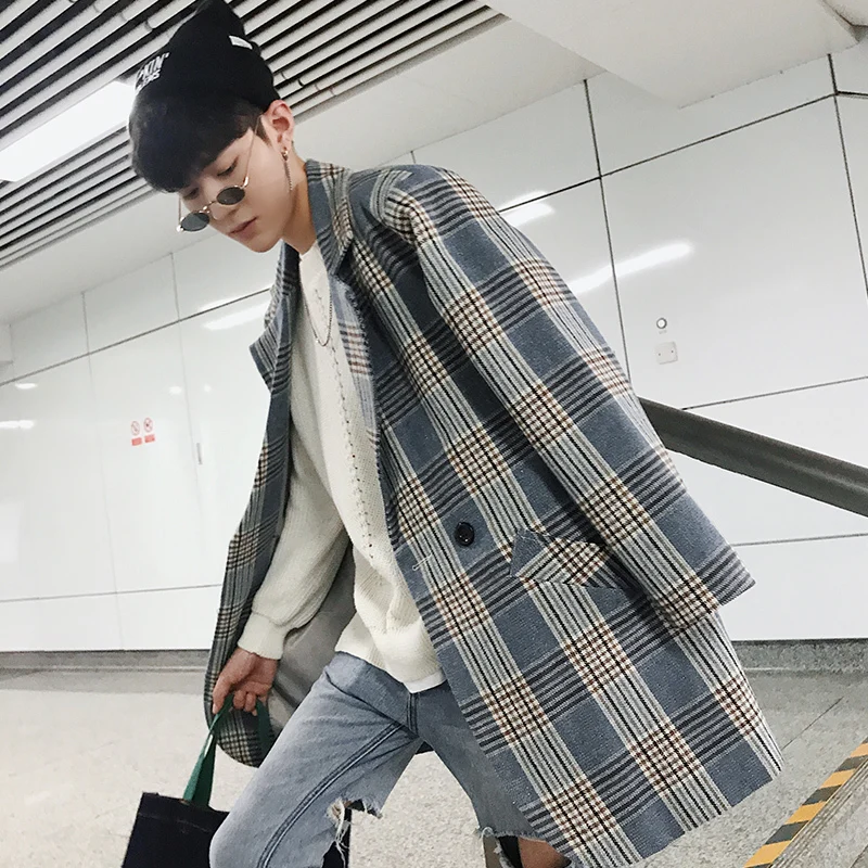 2018 Spring And Autumn Men's New Plaid In The Long Woolen Coat Fashion Youth Casual Loose Trend Personality Temperament Wild | Мужская