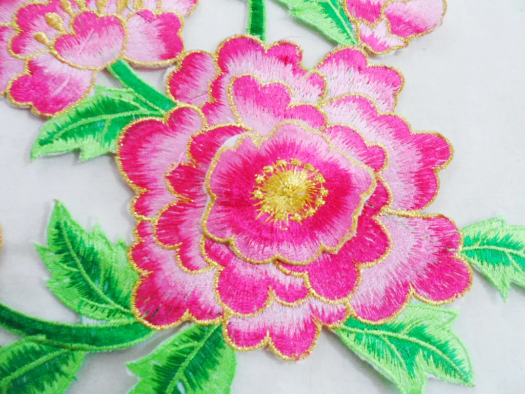 Парчи с пионами зеленые листья цветок вышитые заплатки для джинсов одежда