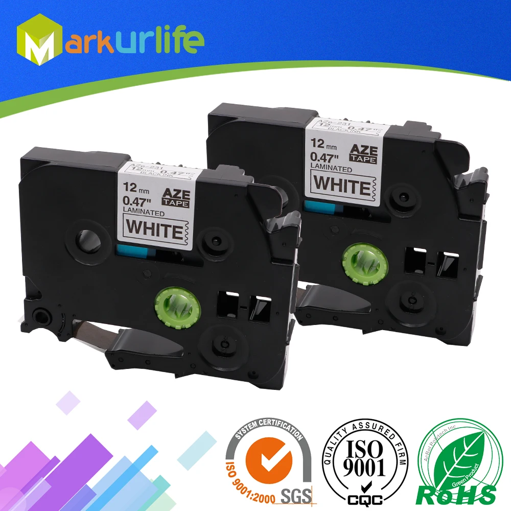 Картридж для этикеточной ленты P touch 12мм tze-231, совместимый с лентой Tze 231 Tze231, ламинированный, черные символы на белом фоне, 2 штуки в упаковке, длина ленты 8мм.