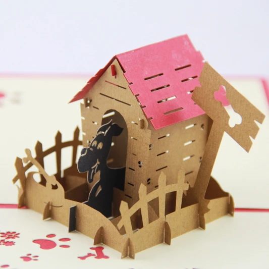 Собака дом День рождения карты/3D всплывающие Поздравительные открытки/подарок