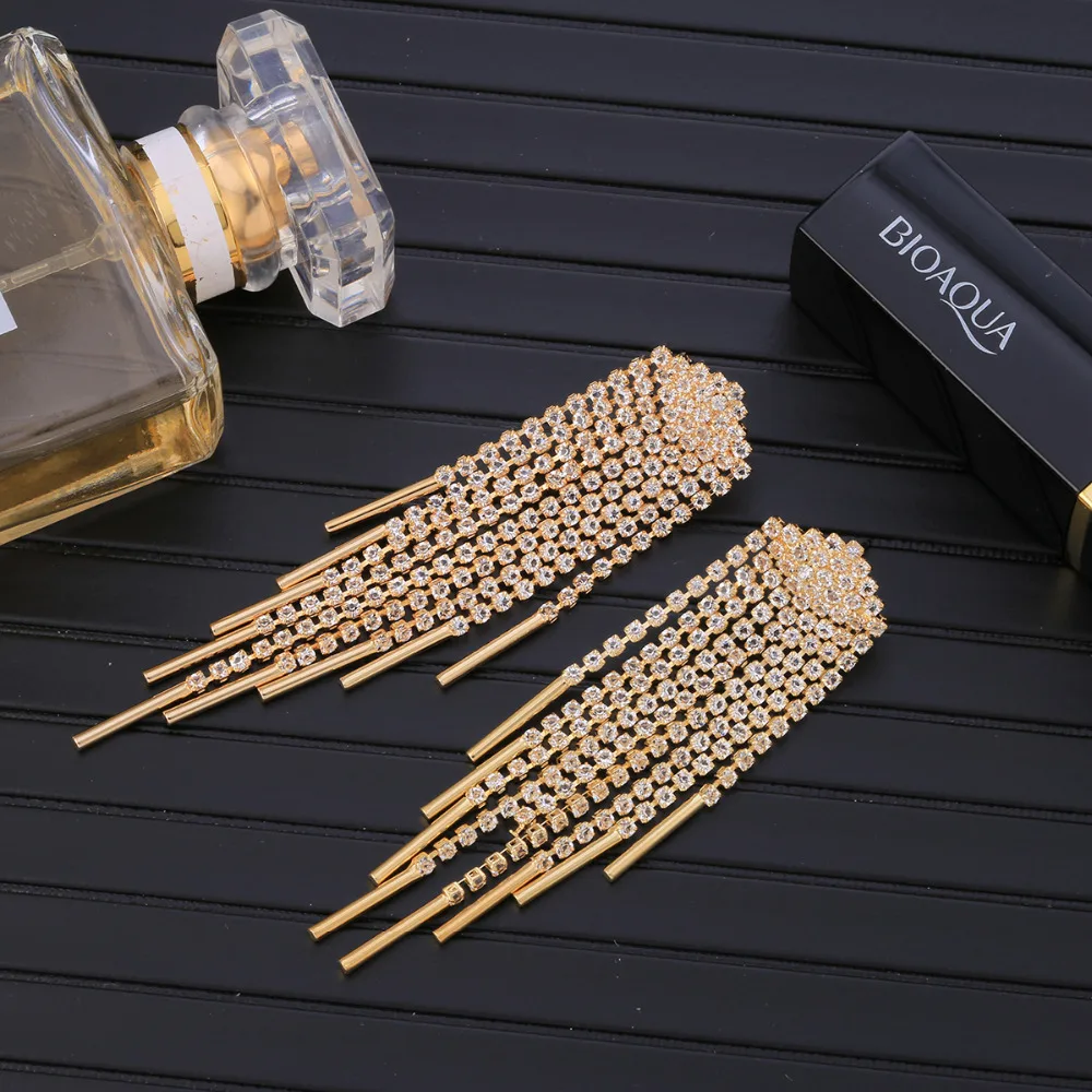 

Multi-layer Crystal Tassels Drop Earrings Gold Long Shining Cubic Zirconia Earrings For Women Wedding Party Fashion Jewelry