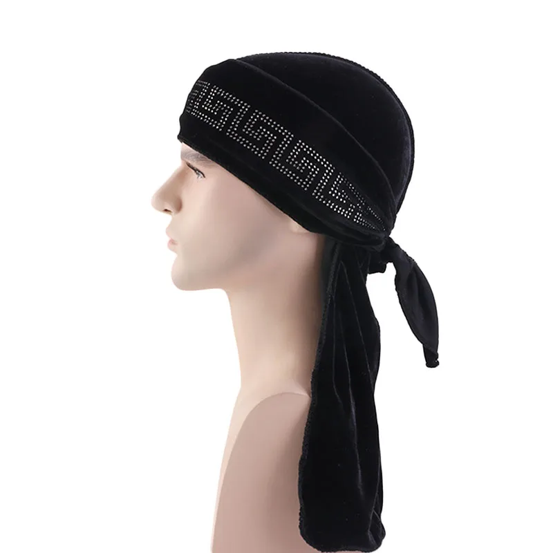 Черный Роскошный бархат Durag Rhinestoned Wrap do rag - Цвет: Черный