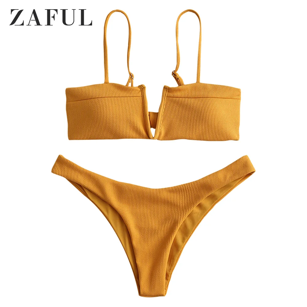 Bee Yellow ZAFUL, женский сексуальный купальник, с бантом сзади, в рубчик, комплект бикини, пляжный костюм, без проволоки, с подкладкой, низкая талия, пляжная одежда, купальник - Цвет: Bee Yellow