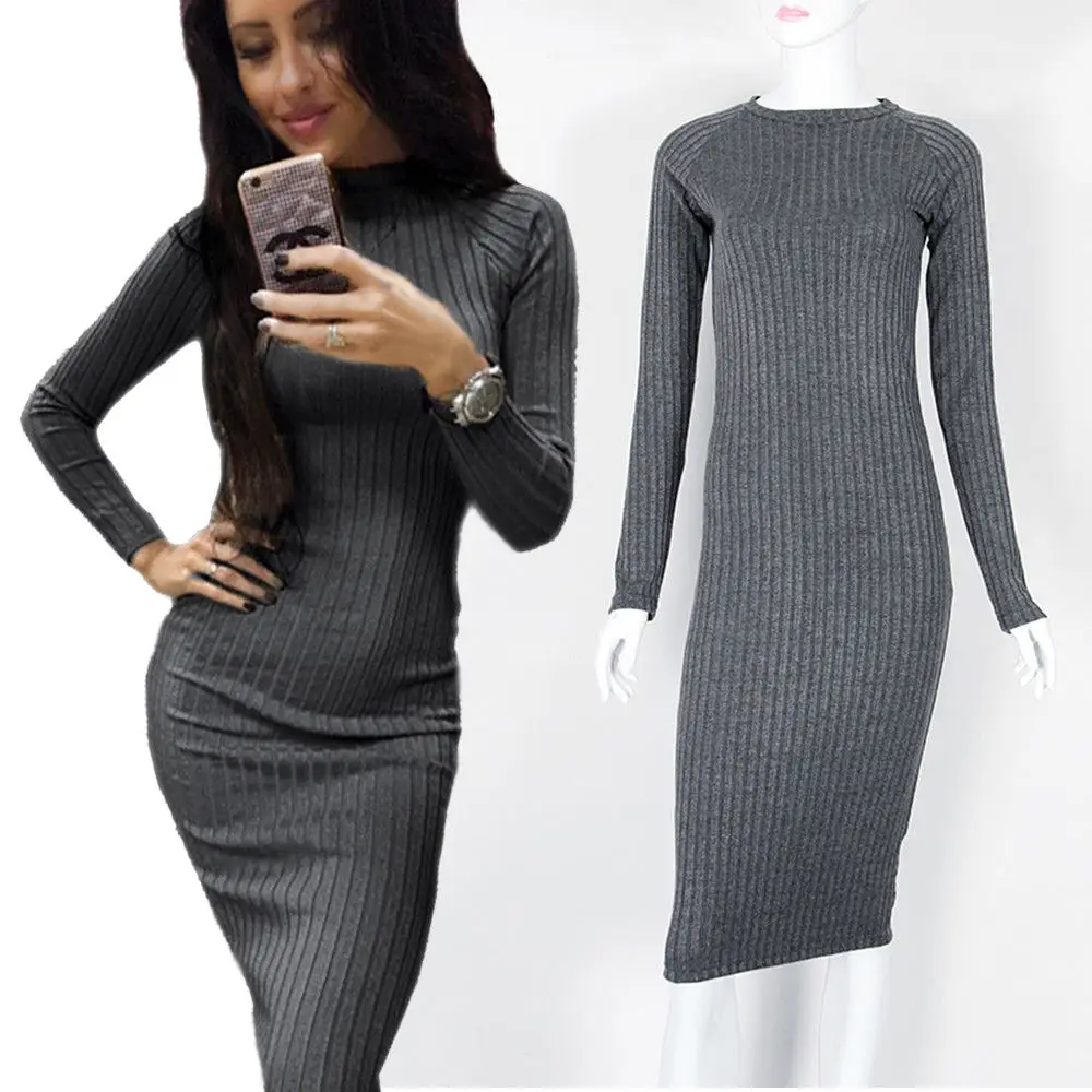 Женское трикотажное платье свитер повседневное облегающее с длинным рукавом
