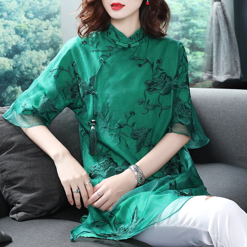 Цветочная вышивка cheongsam рубашка qipao Топ Половина рукава Китайский традиционный Топ Блузка для женщин кружевной Шелковый китайский топ - Цвет: color3