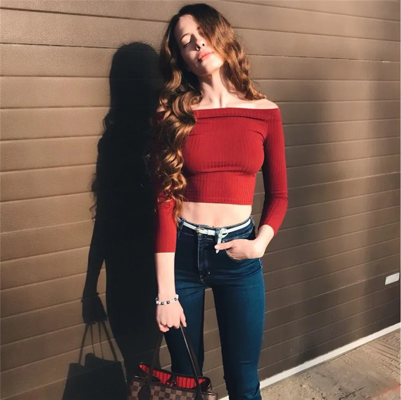 2020 тонкие блузы в рубчик пикантный Топ с длинным рукавом и открытыми плечами