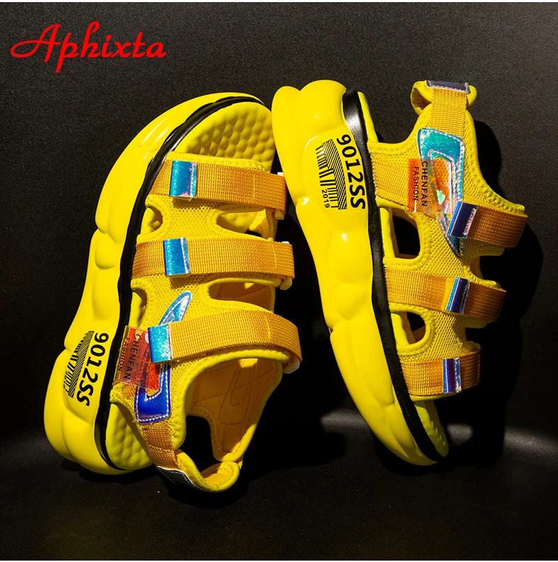 Aphixta Thick Sole Platform Sandals Women Shoes 5cm Wedge High Heels Letters Canvas Summer Yellow Beach Shoes Chunky Sandals