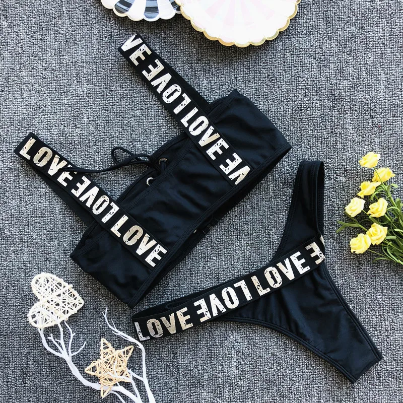 

2019 Sporty Letter "Love" Print Women Swimsuit Bandage Bikinis Set Lace-up Swimwear Female Bikini Beachwear Sexy Bathing Suits