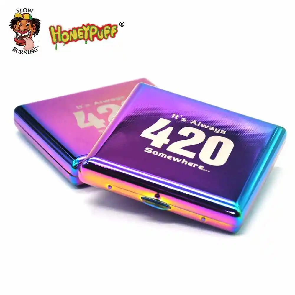 "420" Pattern Ice Rainbow Color Metal Cigarette Case(90x80MM) Hold 20 Regular Size Cigarettes(85mm*8mm) With 2 Clips