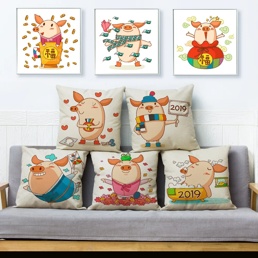 

Funny Cute Cartoon Pig Print Cushion Cover Beige Linen Pillow Covers 45*45 Square Throw Pillows Cases Sofa Home Decor Pillowcase