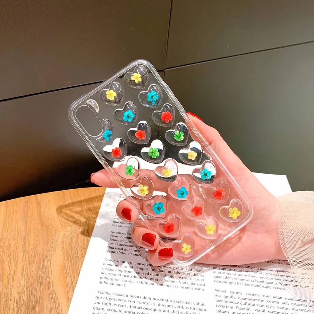 Cute Heart Dried Flowers Case For iPhone 7 8 6 6S Plus Transparent X XR XS Max TPU Real Flower Silicone Girly Cover | Мобильные