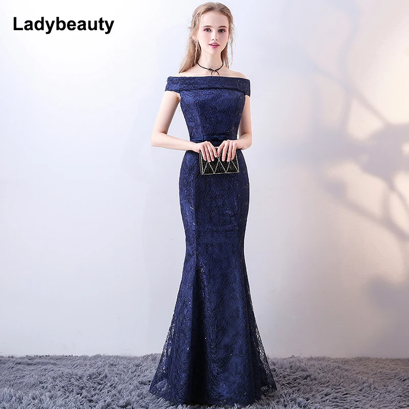 Женское вечернее платье-русалка темно-синее Кружевное облегающее платье до пола