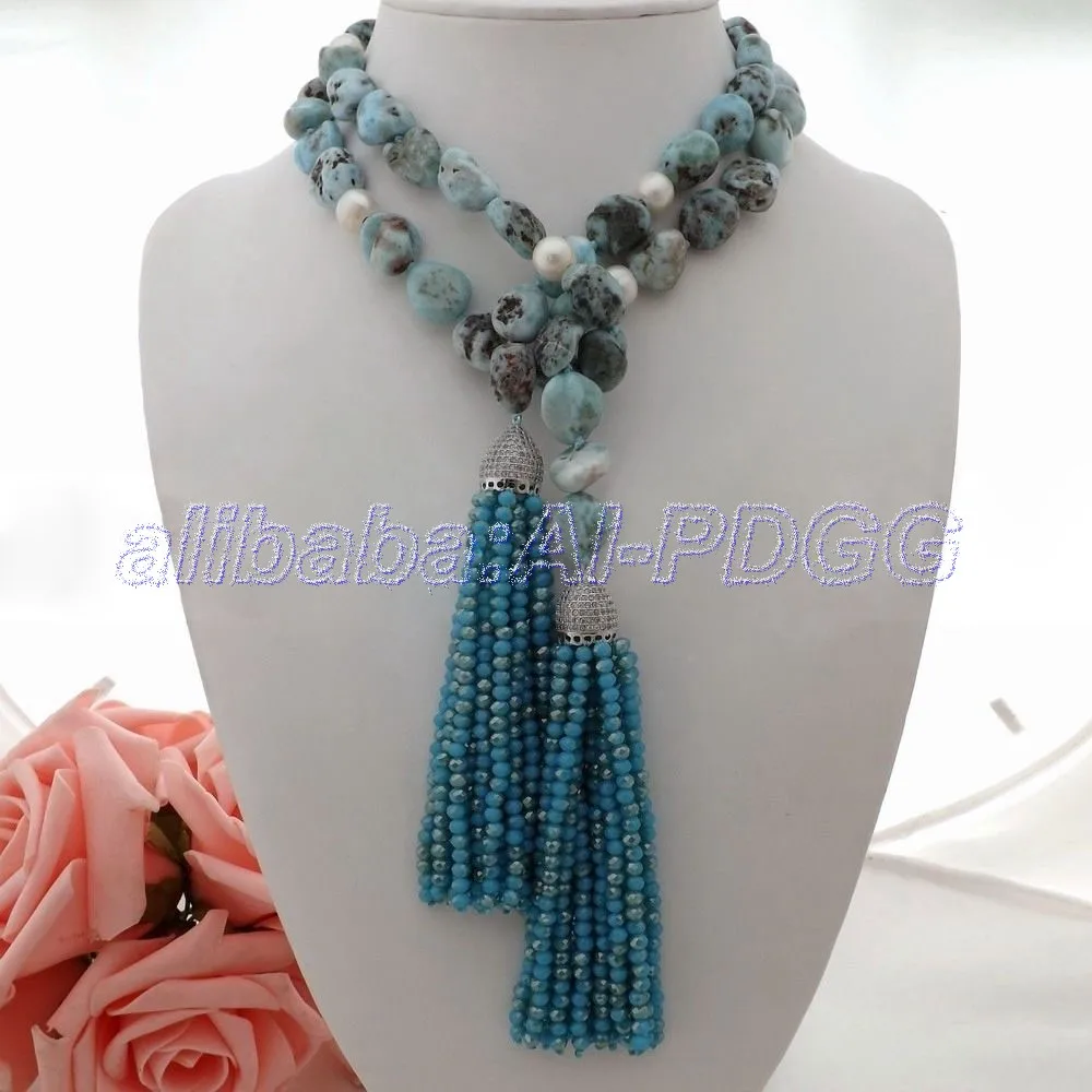 3" жемчужное ожерелье Larimar с кристаллами CZ подвеска