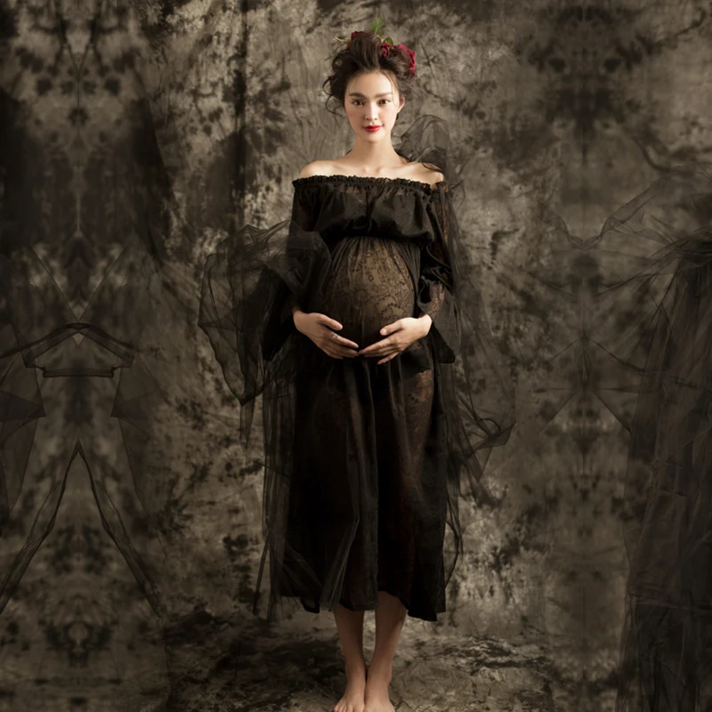 Летнее платье с открытыми плечами для беременных женщин реквизит Черная вуаль