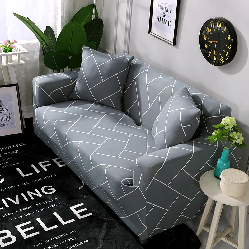 Gray Striped Plaid Elastic Sofa Protector Cover for Living Room Sofa Slipcovers Sectional L Shape Sofacover 1/2/3/4 Seater