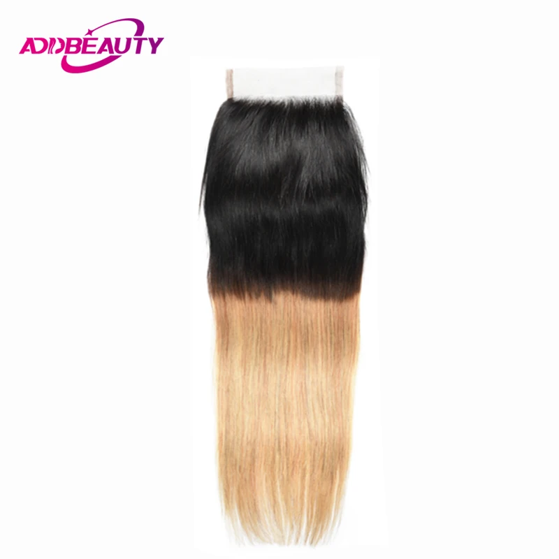 AddBeauty T1B/27 Pre-Colored Ombre Lace Closure Free Part Straight Remy Brazilian 4x4 Human Baby Hair Inch Black To #27 Two Tone  Шиньоны