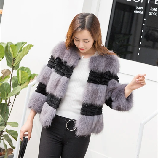

Contrast color natural fox fur and rabbit fur patchwork jackets women medium long real leather fur coats outerwear 2019 new