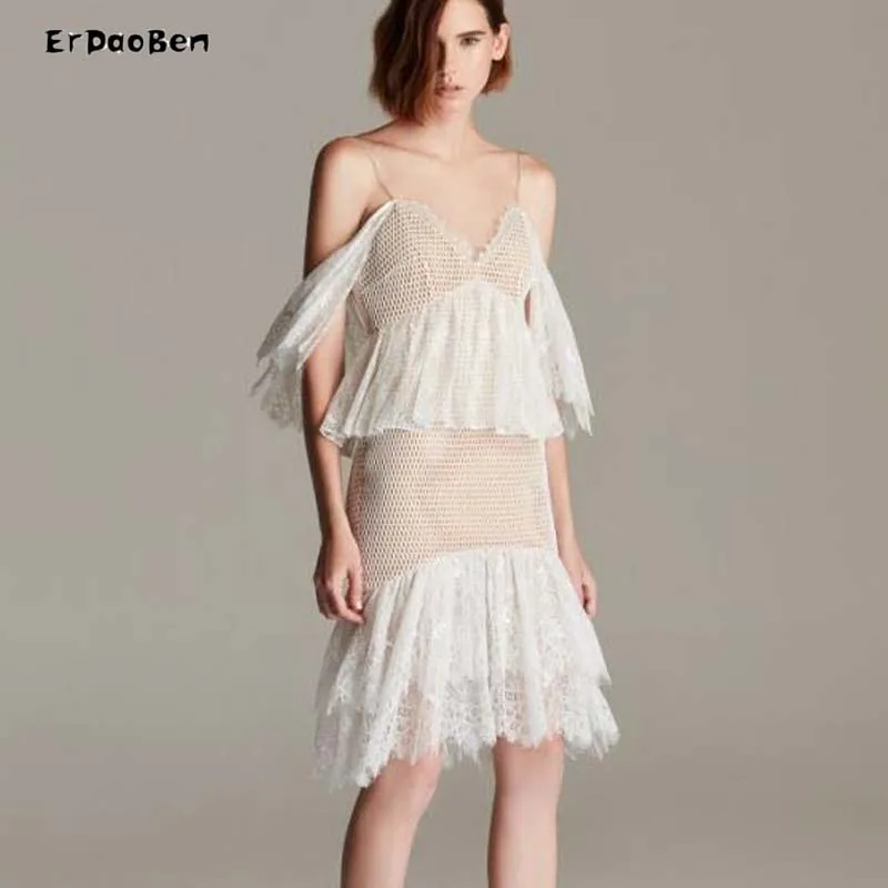 

ERDAOBEN Runway lace Dress Women's off shoulder white Cascading Dress H6340