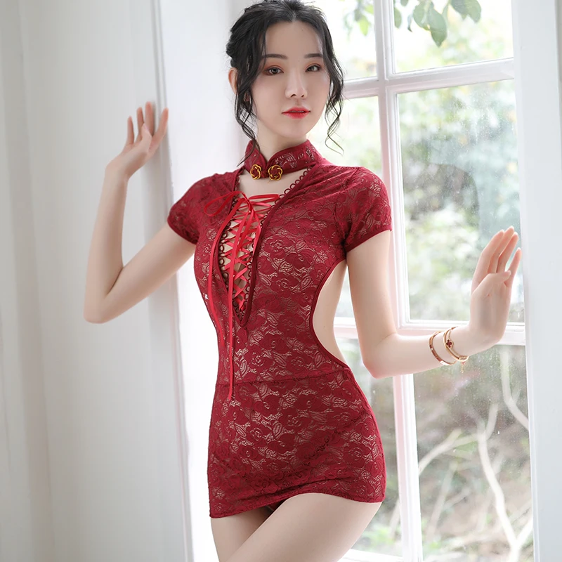 Кружевное сексуальное эротическое платье с открытой спиной Cheongsam, ночная рубашка, женское соблазнительное нижнее белье, ночная рубашка