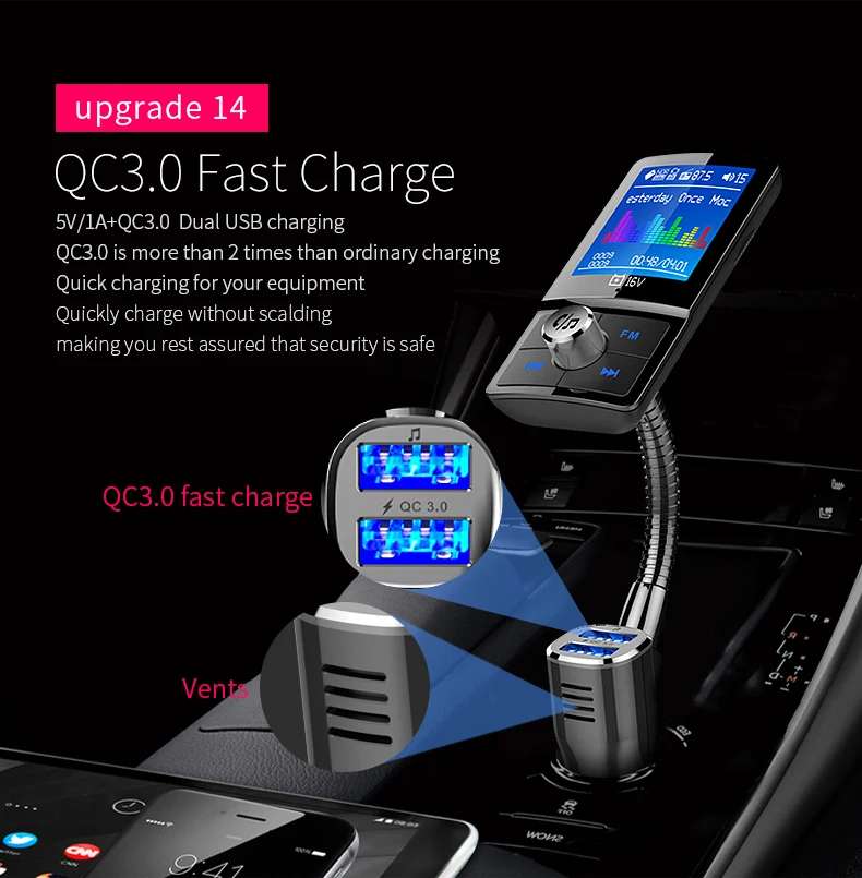 Jilang цветной экран Автомобильный MP3 аудио fm-передатчик беспроводной Bluetooth Handsfree автомобильный комплект 360 Вращающийся с QC3.0 двойной USB зарядкой