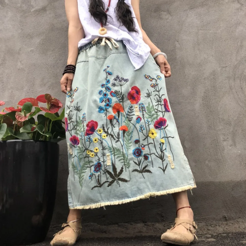 

Free Shipping 2020 New Tassels Cotton Denim Long Mid-calf Skirts For Women Summer Elastic Waist A-line Embroidery Holes Skirts