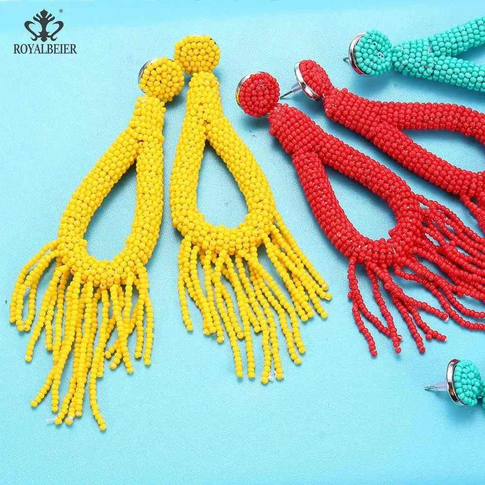 

ROYALBEIER Bohemian Ethnic Style Handmade Beaded Drops Earrings Long Tassel Earrings Ladies Multi-layer Beaded Earrings