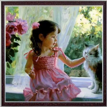 

Cross Stitch Kits 14CT Unprinted People Child Cute Girl and Cat Animal Embroidered Handmade Art Aida Counted Set Wall Home Decor