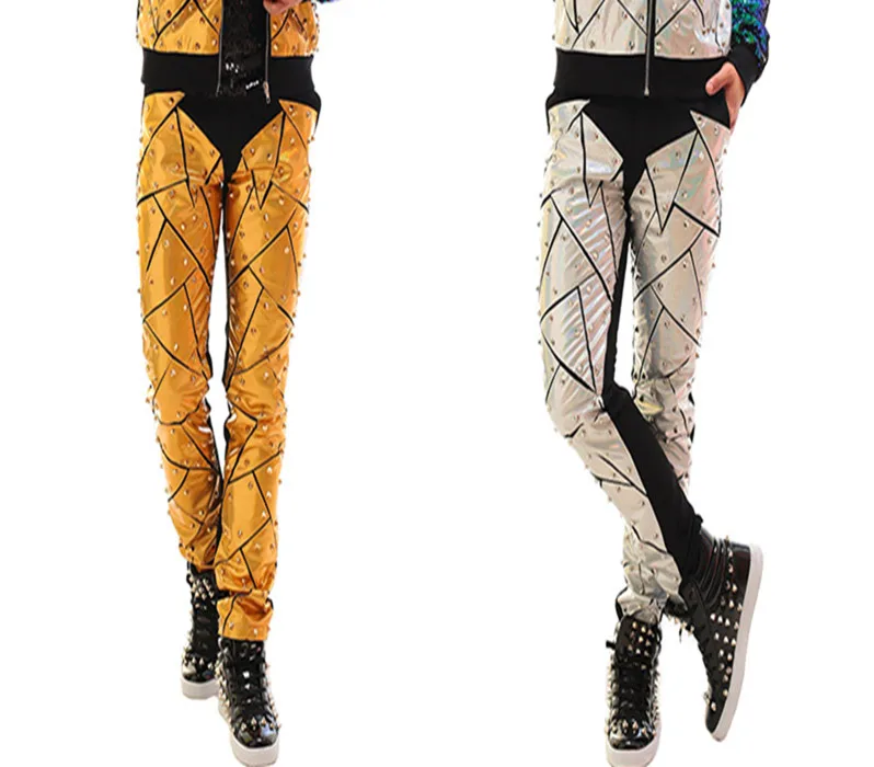 Fashion Men's Personality Laser PU Leather Pants Costumes Nightclub Bar Singer Dancer Stage Show Trousers Party Show Stars