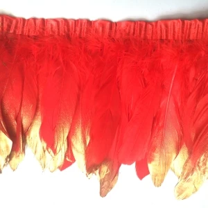 red 4 ярда/партия, разноцветные, натуральные гусиные перья, бахрома, золотые наконечники, гусиные перья, отделка с атласной лентой, лента для юбки - Цвет: red