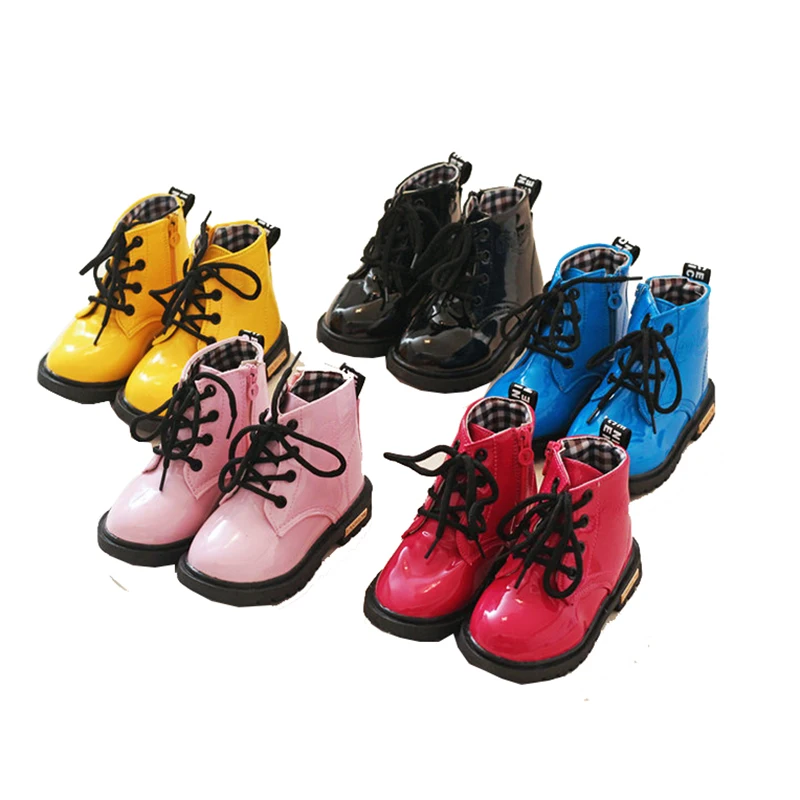 

Children Toddler Baby Little Girls Boys Yellow Black Patent Leather Martin Boots Shoes For Girls Boys School Snowboots Shoes New