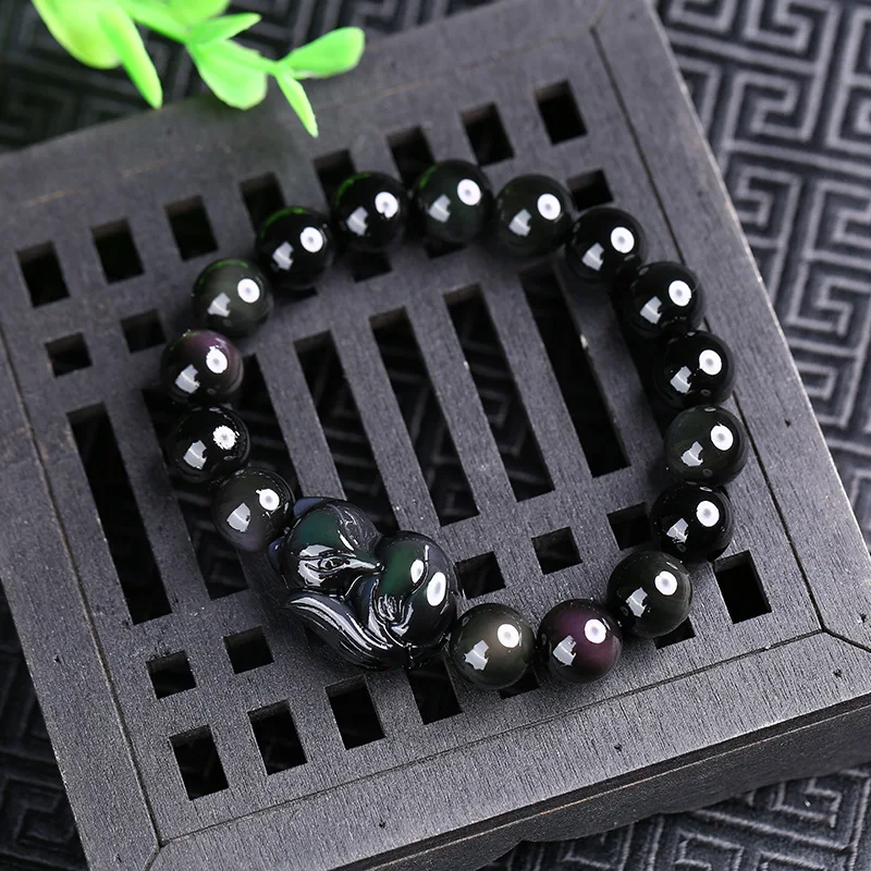 Браслет с круглыми бусинами из натурального черного обсидиана Радужный глаз