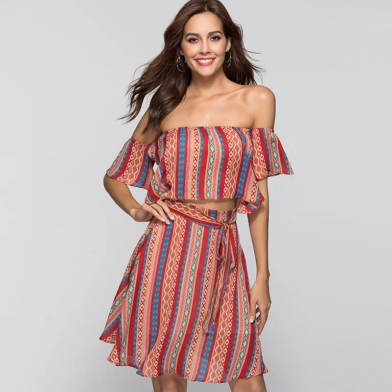 Vmay 2018 New Arrival Women Bohemian Summer Dress Holiday Wind Wrapped Chest Strapless Two-piece One-neck Collar Waistband | Женская