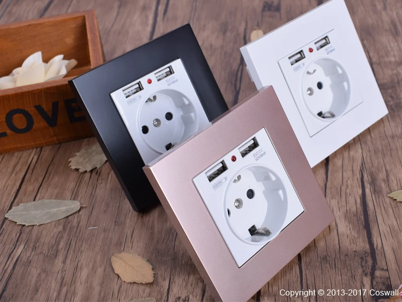 Coswall, двойной usb порт для зарядки, 5 В, 2.1A, светодиодный индикатор, 16A, настенная розетка европейского стандарта, ПК Панель, серый, черный, белый, золотой